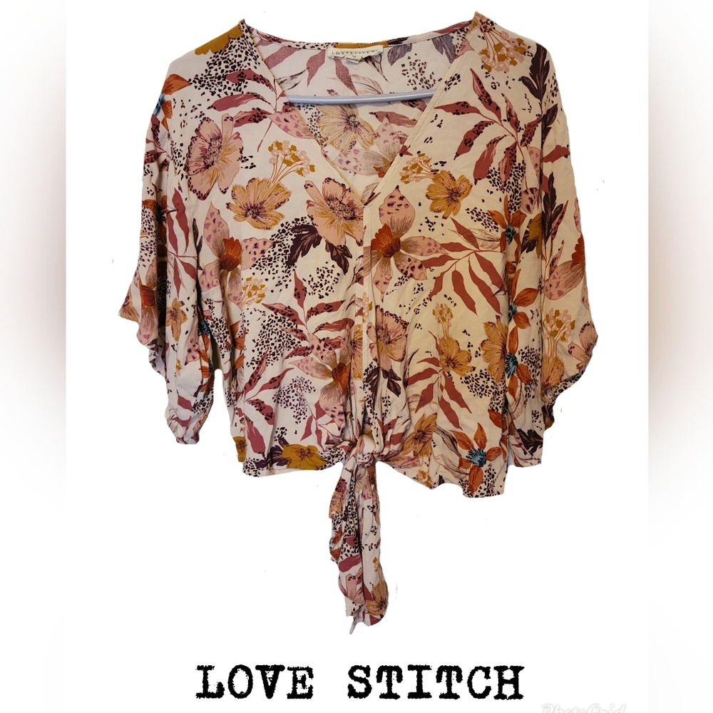 Love Stitch Floral Tie-Front Blouse - Cream and Brown